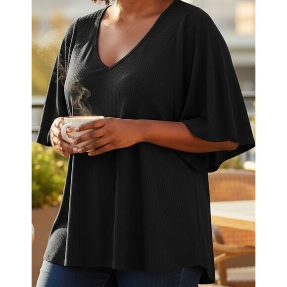 Terra & Sky Pull Over Shirt Plus Size 3X XXX 24W 26W Top Black Tunic V Neck S/S - Picture 5 of 5